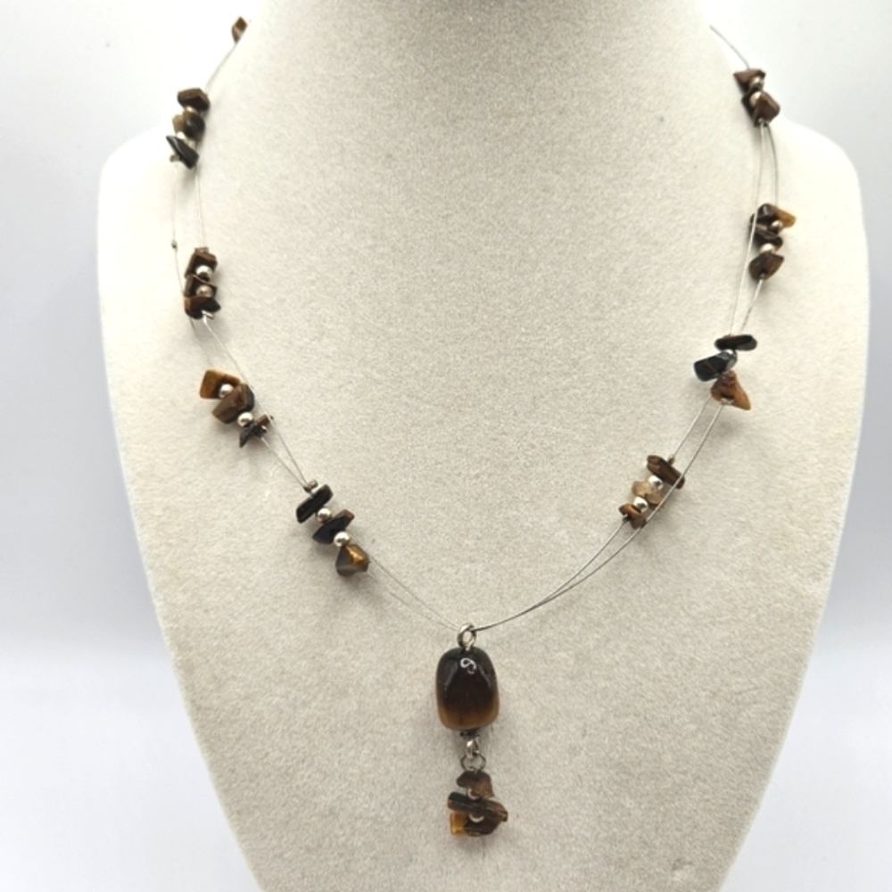 VINTAGE Dainty Tiger's Eye Stone Stainless Steel Silver Tone Necklace
